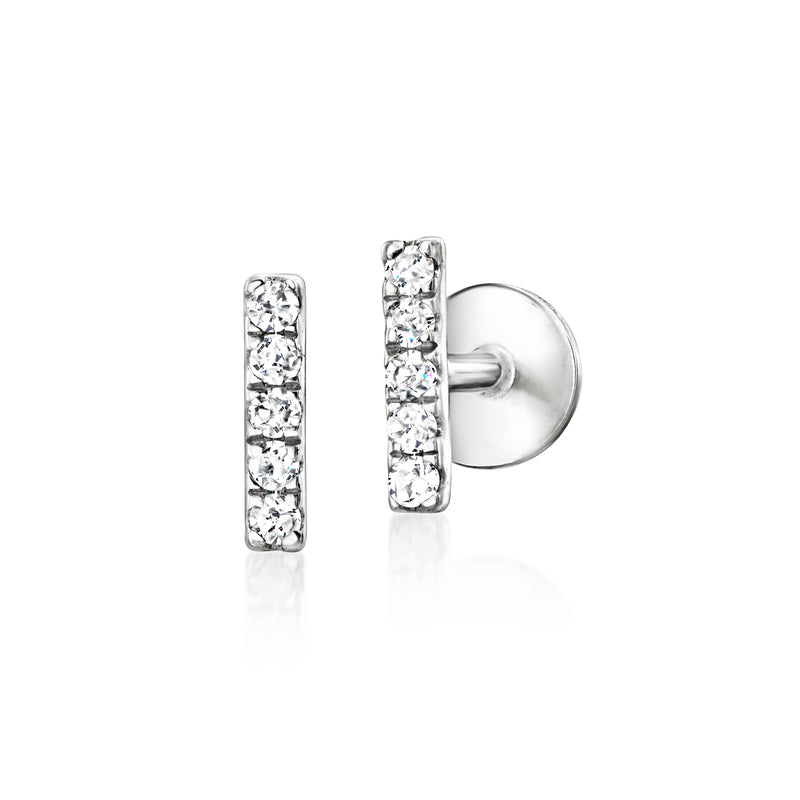 Sterling silver bar stud earrings with five clear round stones, flat-back post