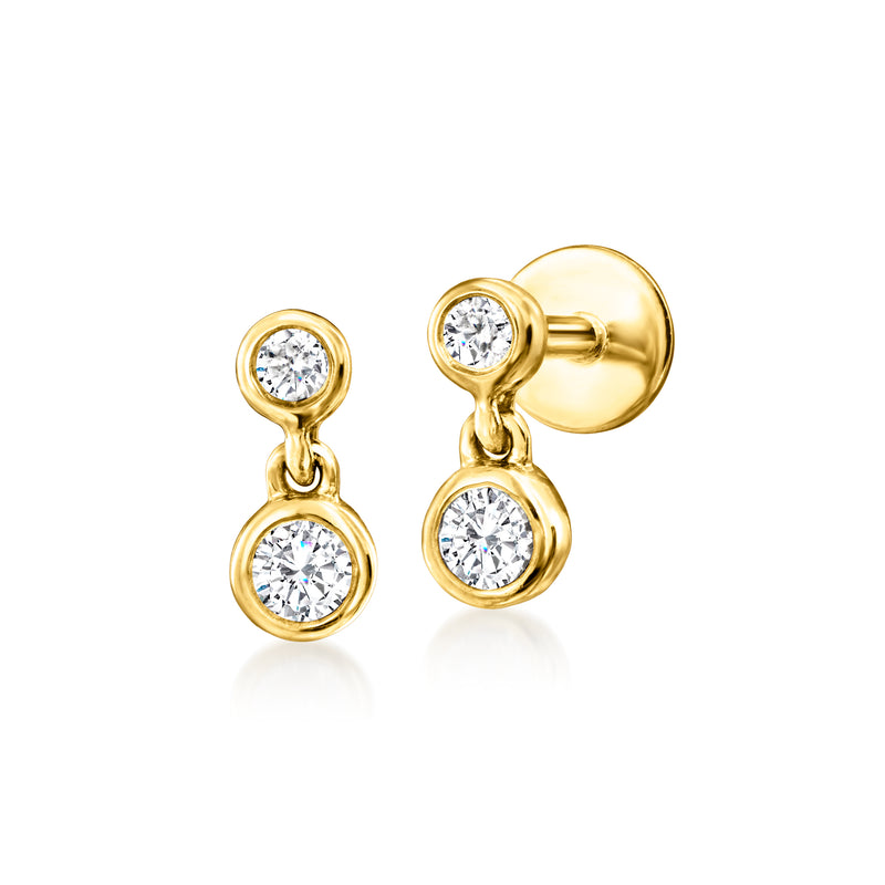 14kt yellow gold two-stone diamond drop stud earrings with flat backs