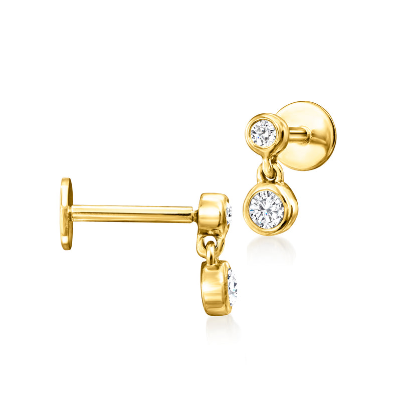 14kt yellow gold two-stone diamond stud earrings, flat-back style