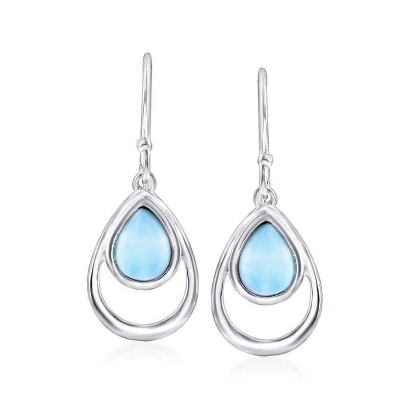 Sterling silver teardrop drop earrings with light blue oval Larimar stones