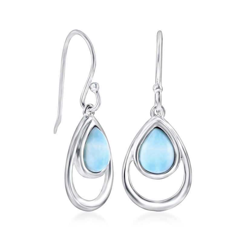 Sterling silver drop earrings with light blue teardrop Larimar stone and hooks