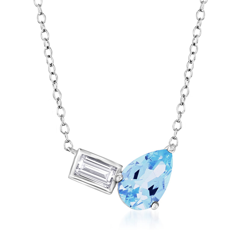 Sterling silver toi et moi necklace with blue pear-cut and white baguette stones