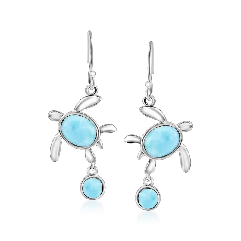 Sterling silver turtle drop earrings with round Larimar blue stones