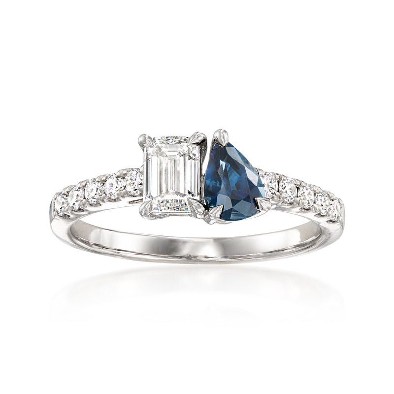 14kt white gold Toi et Moi ring with blue teardrop sapphire and diamond accents