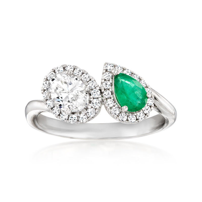 14kt white gold Toi et Moi ring with lab-grown diamonds and pear green gemstone