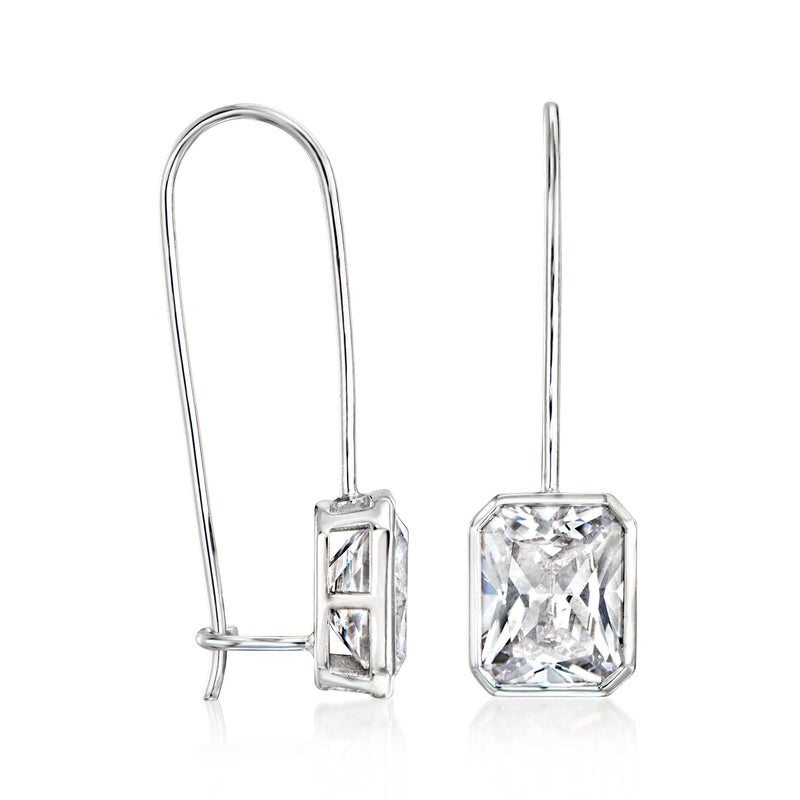 Sterling silver CZ drop earrings with radiant-cut stones on curved earwires