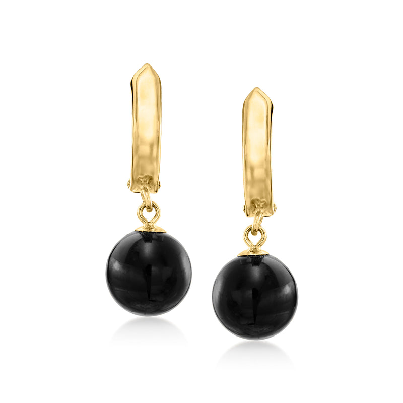 14kt yellow gold hoop drop earrings with black onyx bead drops