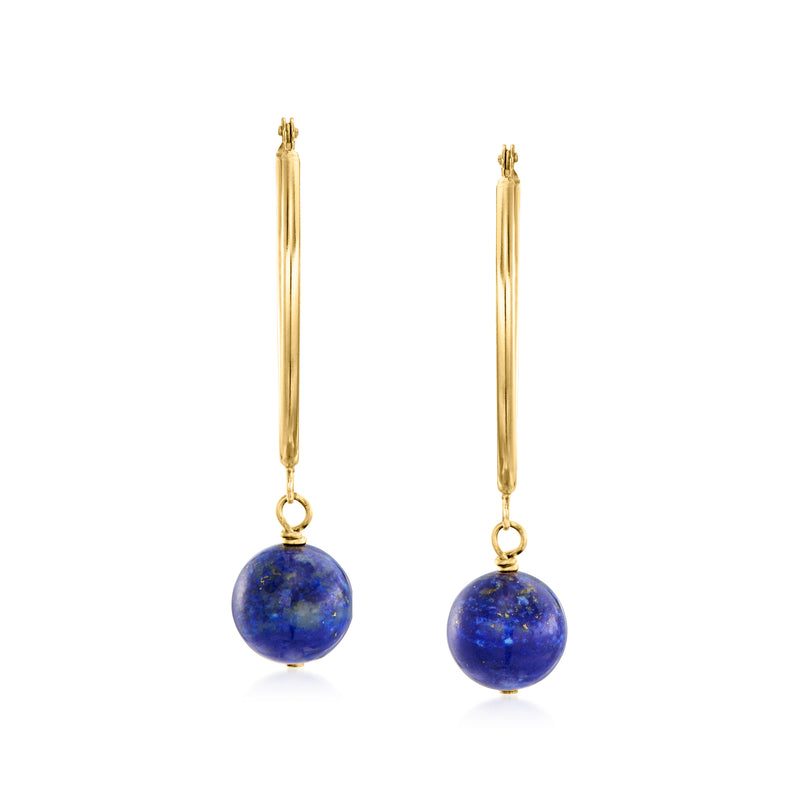 14kt yellow gold lapis bead hoop drop earrings, blue stone beads