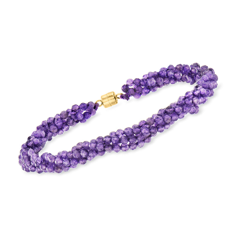 Amethyst bead twisted bracelet with 14kt yellow gold magnetic clasp