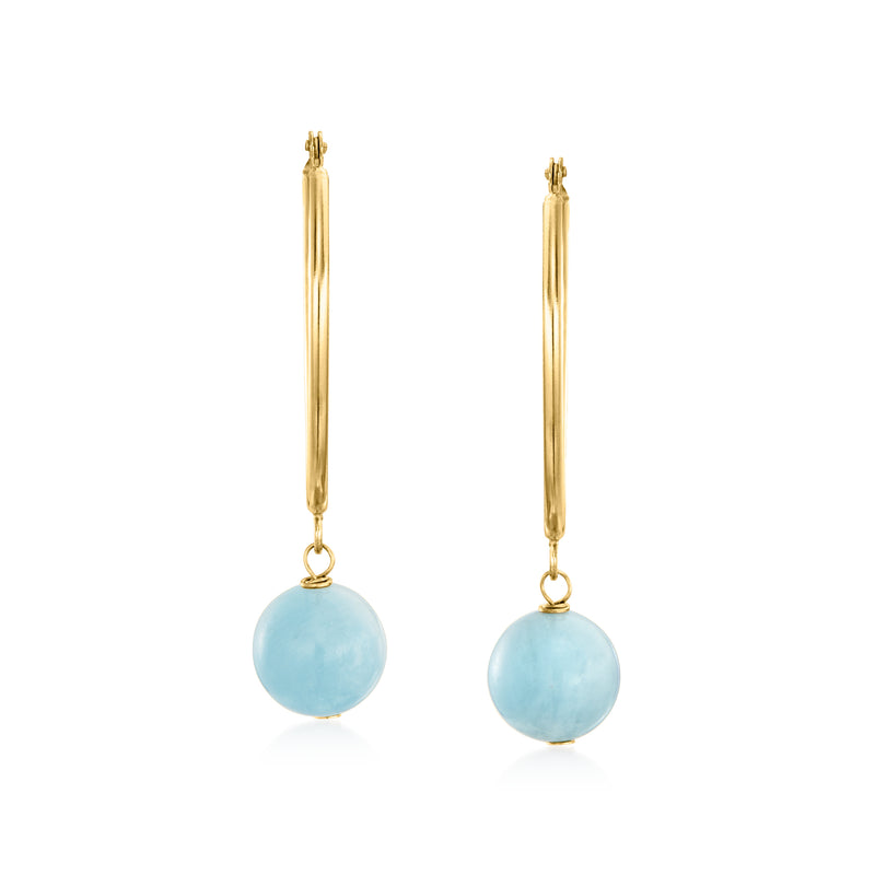 14kt yellow gold hoop drop earrings with light blue round bead