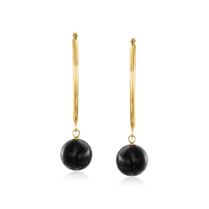 14kt yellow gold hoop drop earrings with black onyx round bead dangles