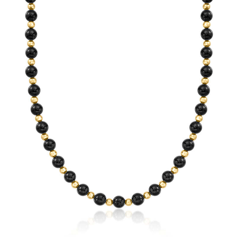 Onyx bead necklace with 14kt yellow gold spacers and round black onyx beads