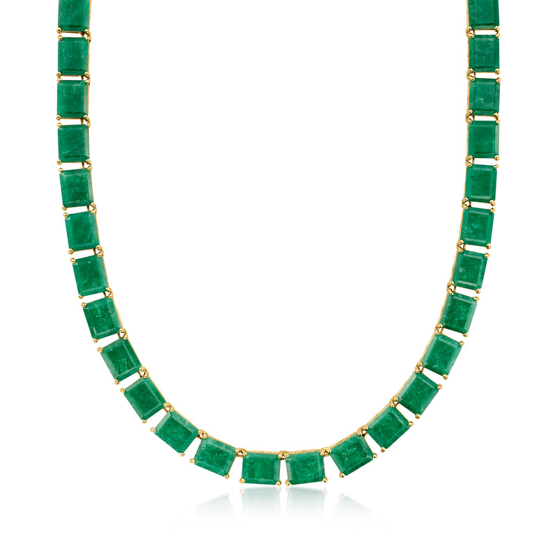 Emerald-cut green gemstone necklace with gold bezel links, emerald-style stones