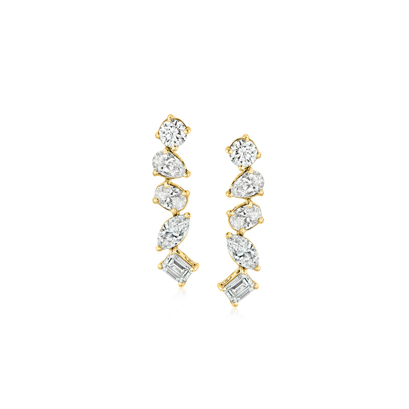 14kt yellow gold drop earrings with multi-shape diamonds in a tiered design
