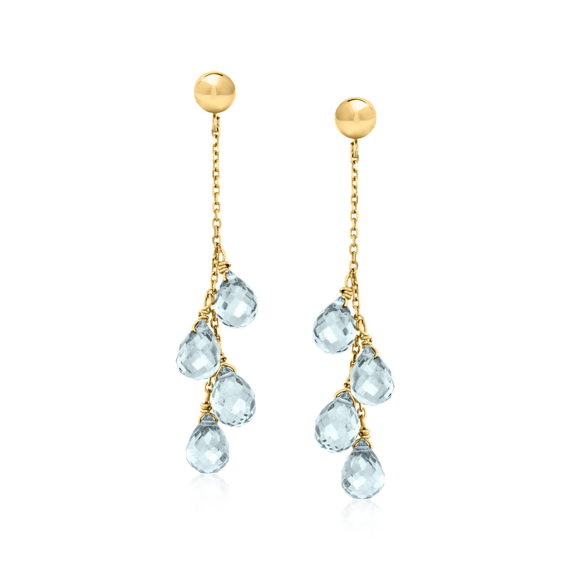 14kt yellow gold drop earrings with three sky-blue teardrop gemstones