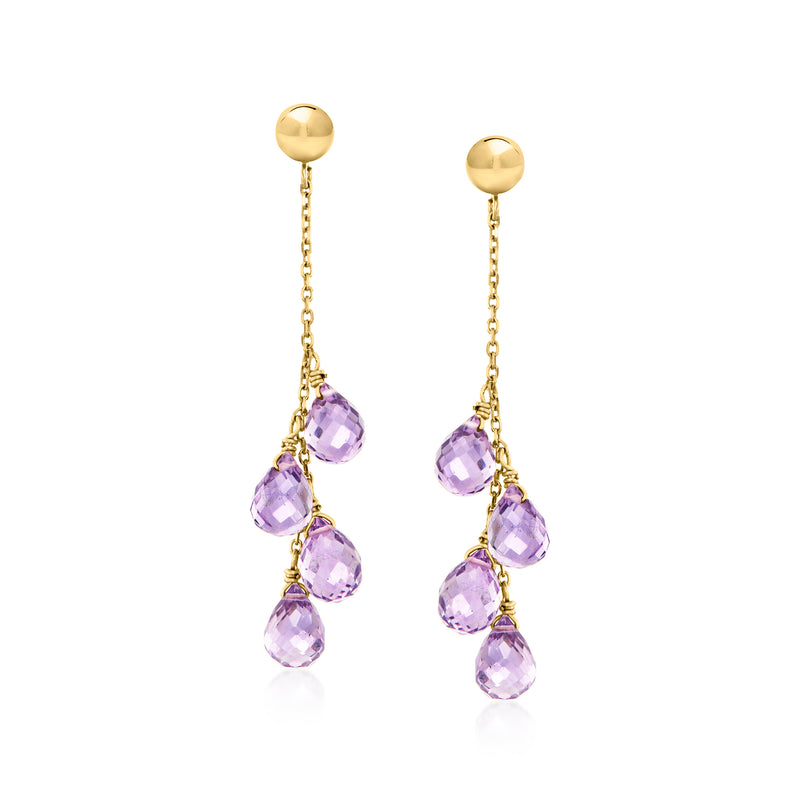 Amethyst drop earrings in 14kt yellow gold with three purple teardrop stones
