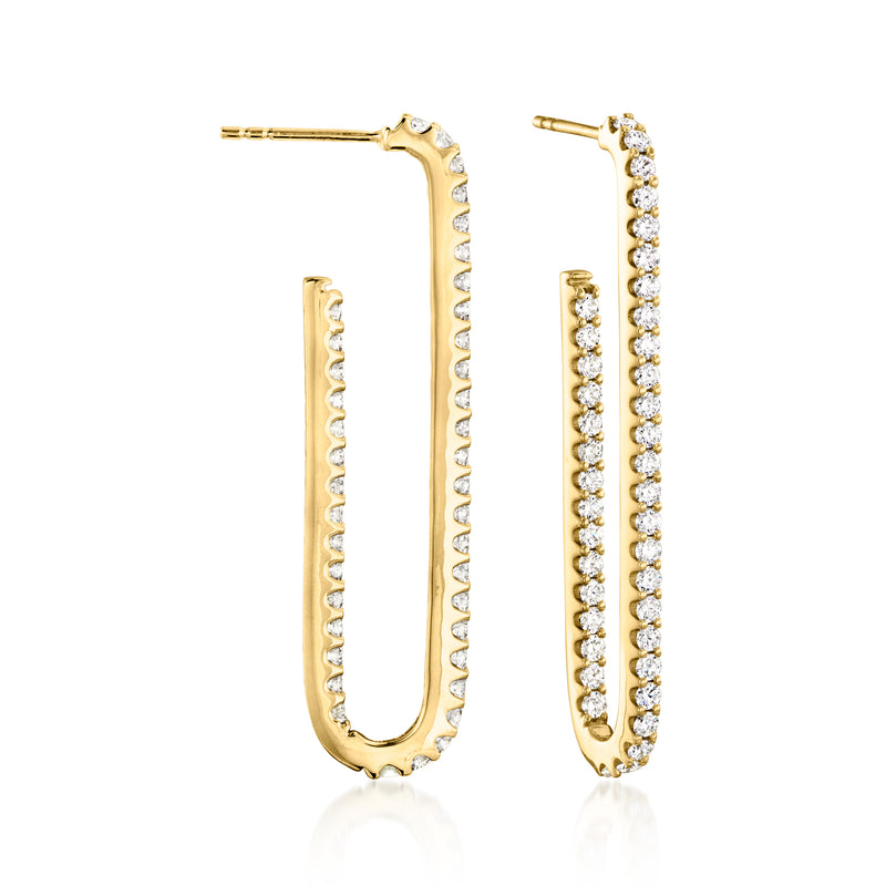14kt yellow gold diamond hoop earrings with row of prong-set stones