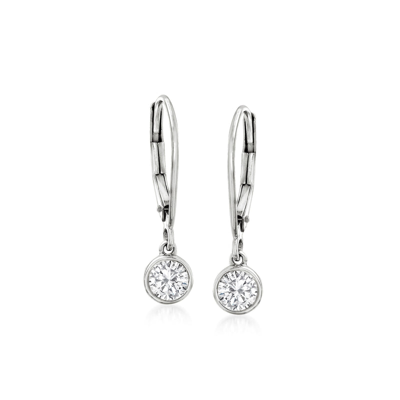 14kt white gold round diamond bezel-set drop earrings, leverback closure