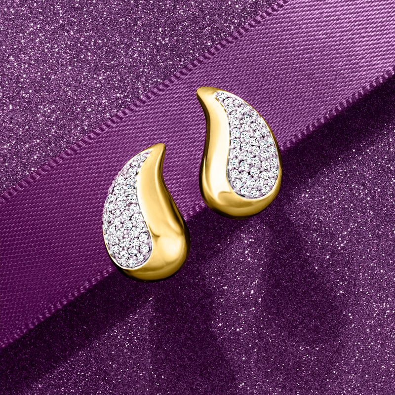 Diamond puffed teardrop drop earrings in gold over sterling