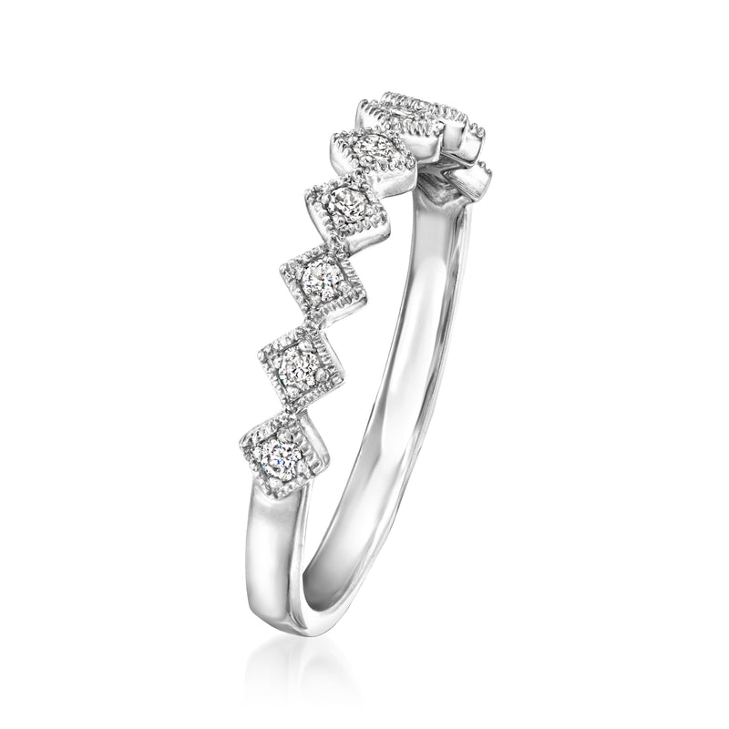 Sterling silver diamond square-pattern ring, angled view of raised settings