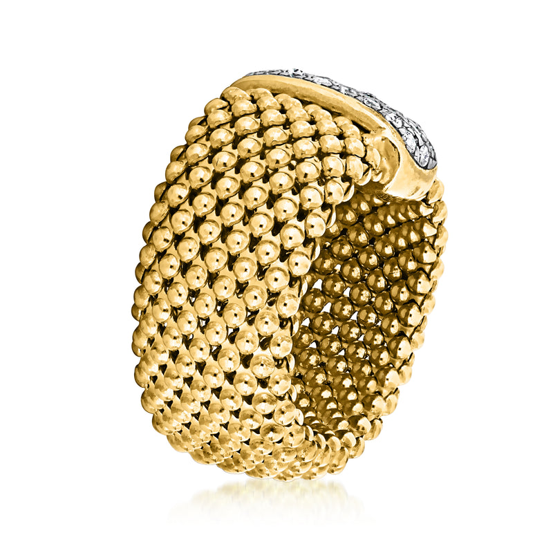 Gold over sterling ring side view with bead band and prong-set CZ panel