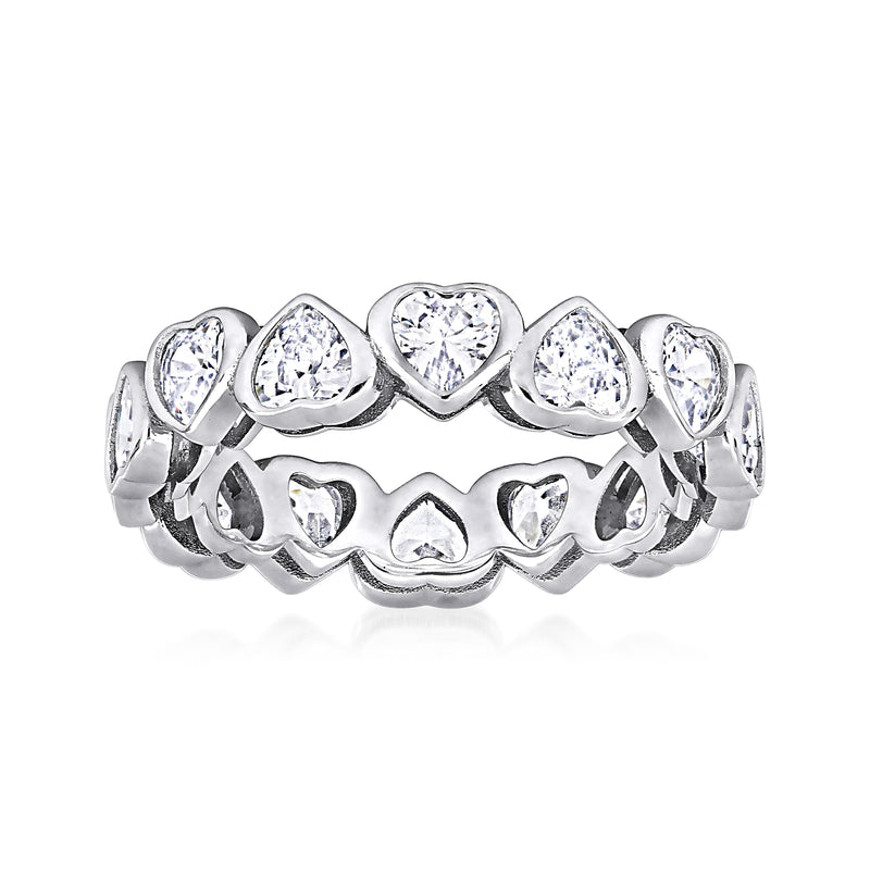 Sterling silver eternity band with heart-shaped clear CZ stones in prong settings