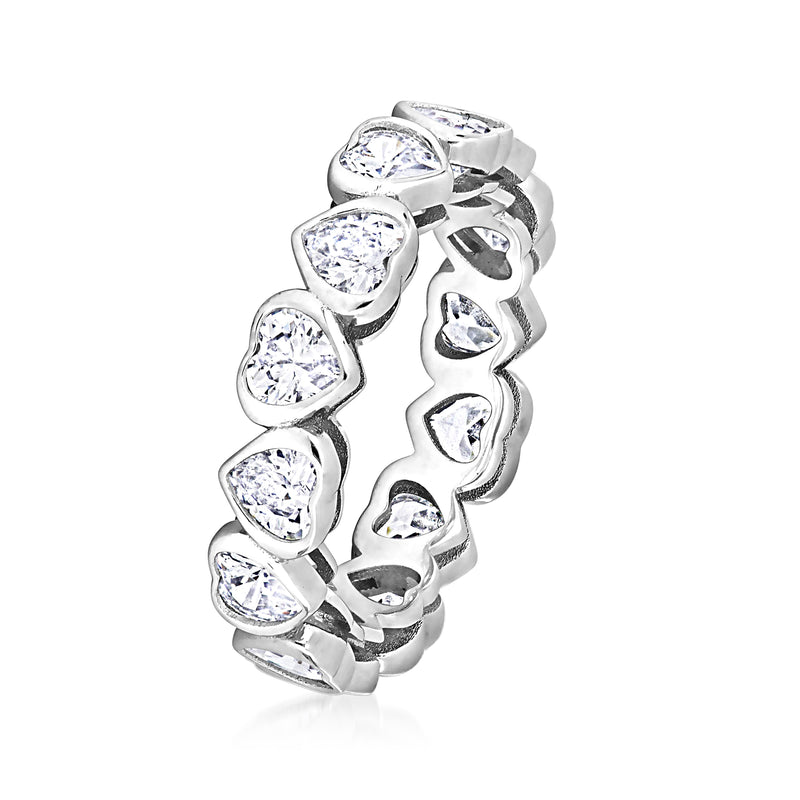 Sterling silver heart CZ eternity ring, side view of prong-set heart stones and band