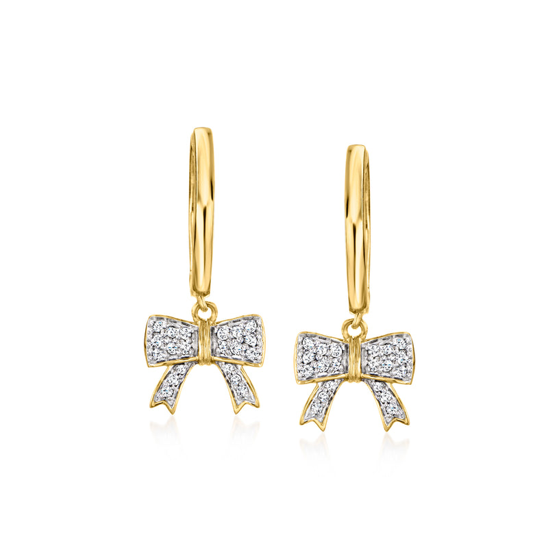 Gold hoop drop earrings with diamond bow charms