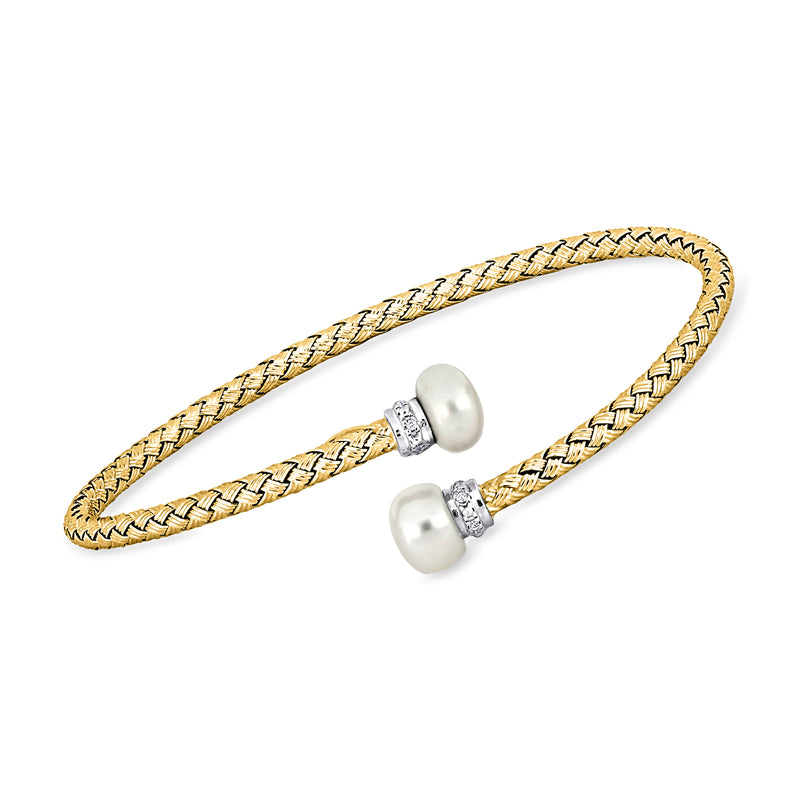 Woven gold cuff bracelet with two cultured pearl ends and CZ silver spacers