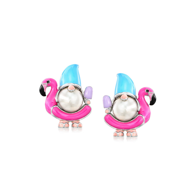 Sterling silver post earrings with pink flamingo enamel, blue wings, and round pearl