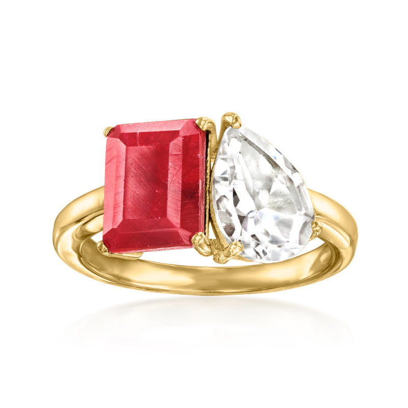 18kt gold over sterling Toi et Moi ring with red emerald-cut ruby and clear white topaz