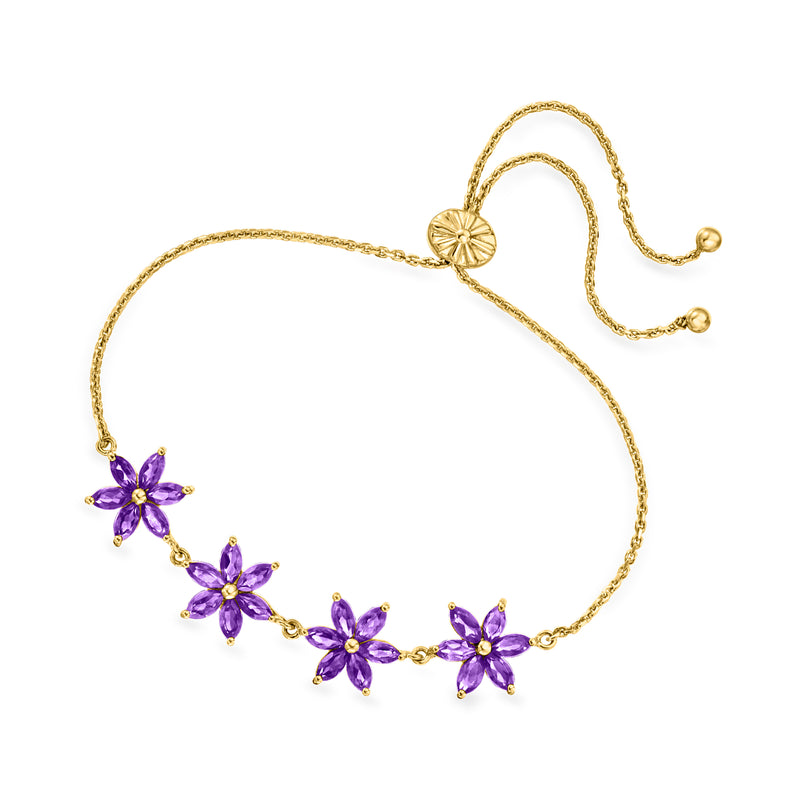 Bolo bracelet with gold chain and purple five-petal flower links