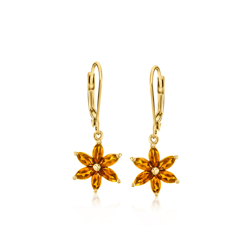 Gold flower drop earrings with leverback hooks and amber citrine crystal petals.