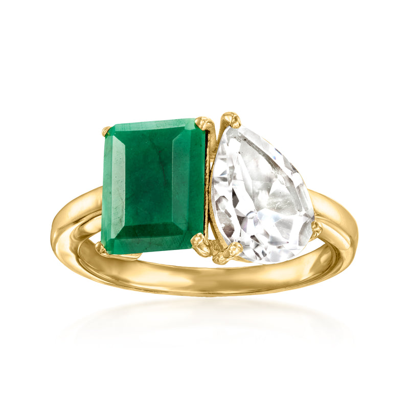 18kt gold toi et moi ring with emerald-cut green stone and white pear-cut stone
