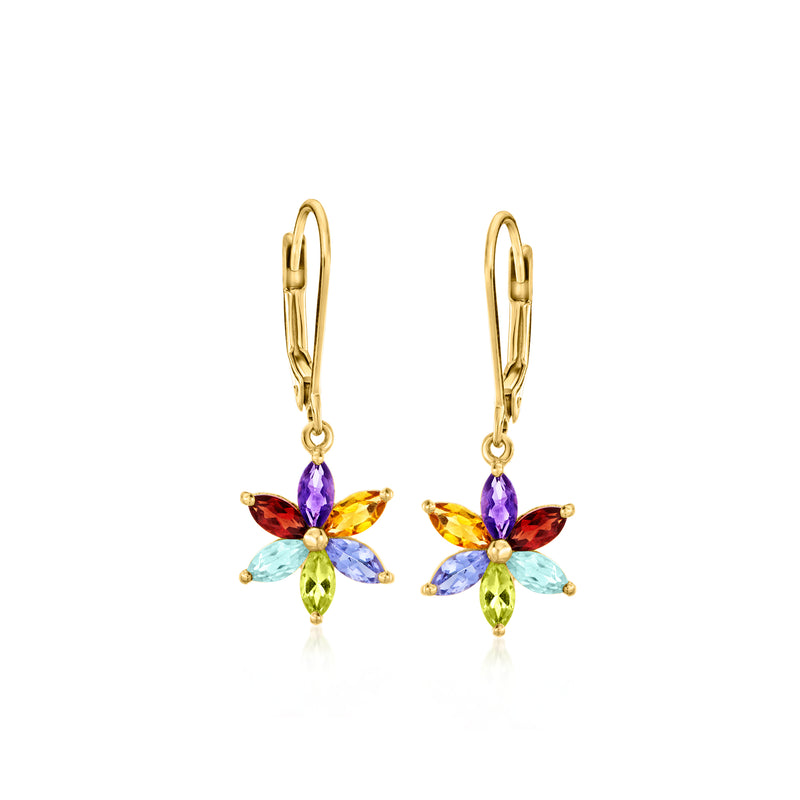 Gold leverback flower drop earrings with purple, red, blue, green gemstones