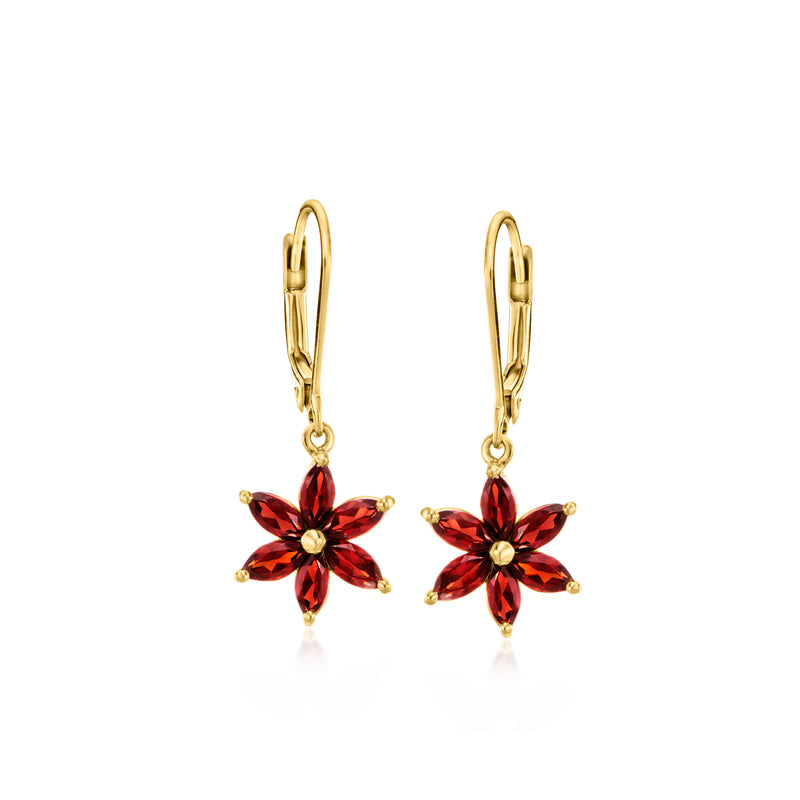 Garnet flower drop earrings in gold over sterling with leverback closures