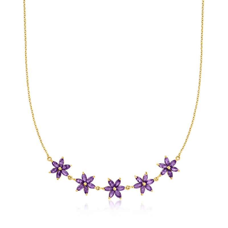 Gold over sterling necklace with five amethyst flower charms on a slender chain