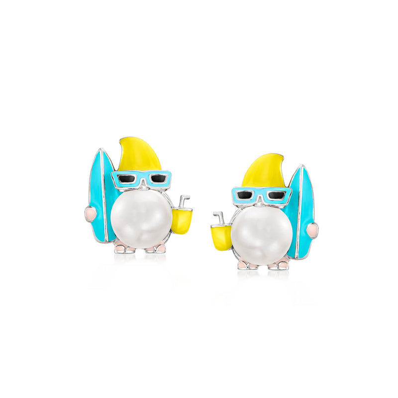 Sterling silver post earrings with white pearl gnome, yellow hat, blue sunglasses, enamel