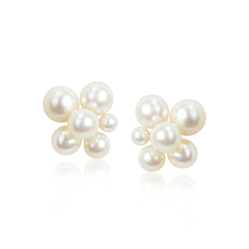 Cultured pearl cluster stud earrings with round white pearls