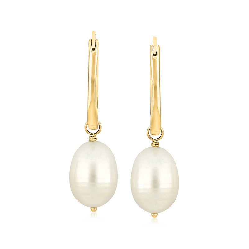 Gold hoop link drop earrings with round white cultured pearl drops