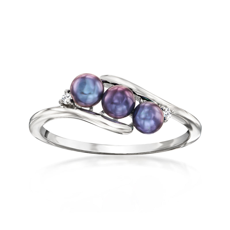 Sterling silver ring with three dark purple cultured pearls and small diamond accents