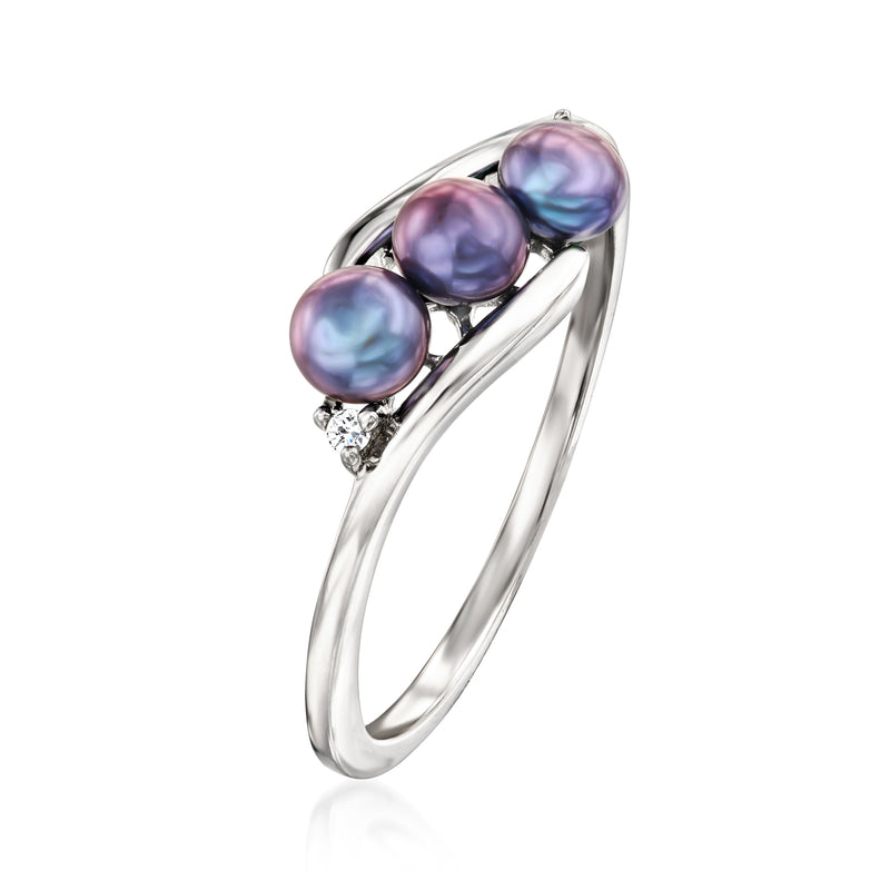 Sterling silver three-pearl ring with dark purple cultured pearls and diamond cluster detail