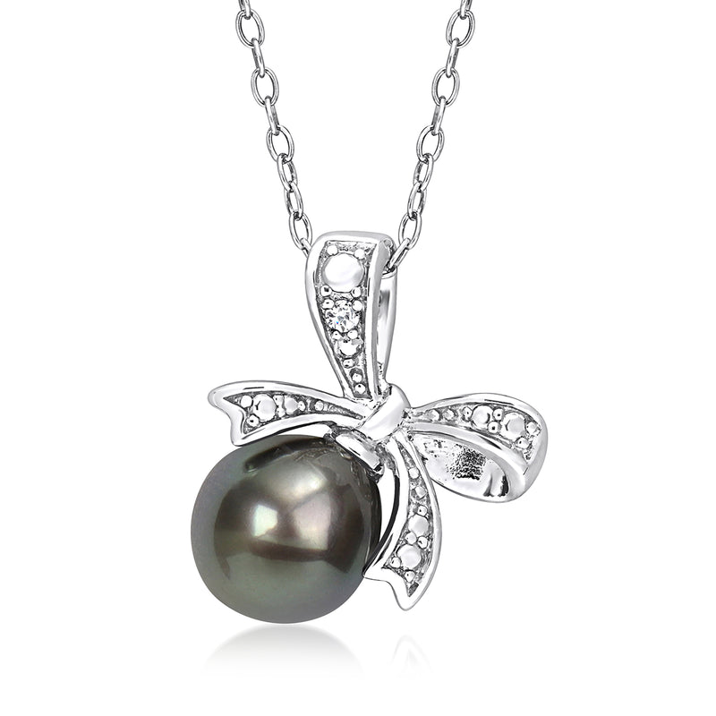 Sterling silver bow pendant necklace with dark Tahitian pearl and diamond accents