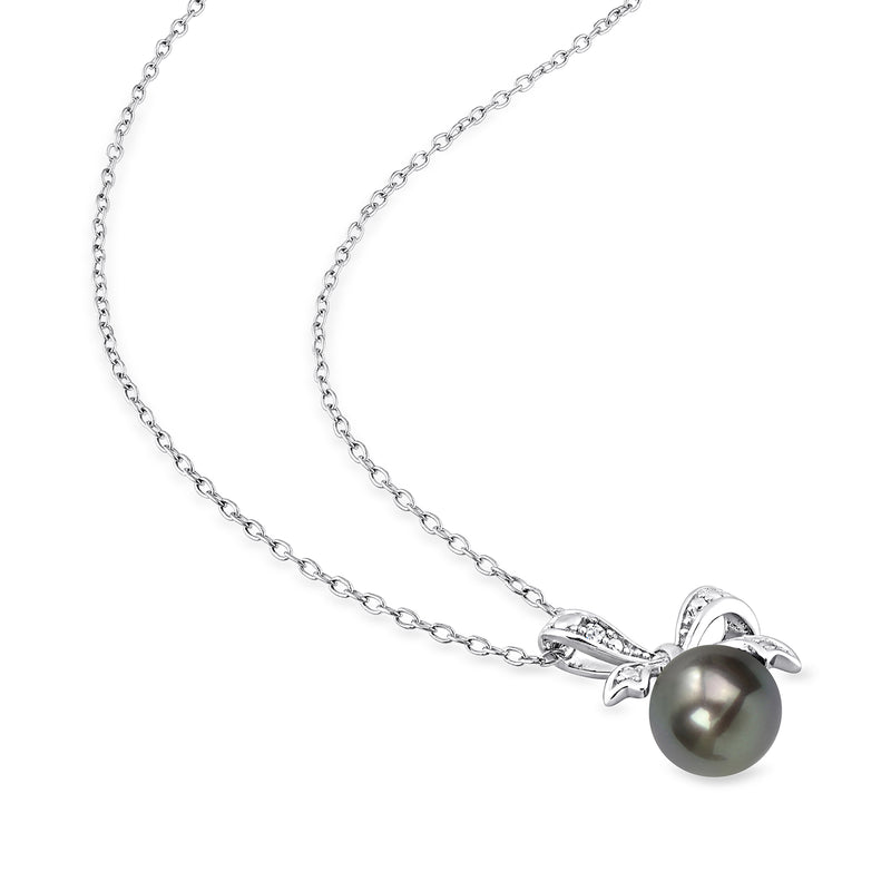 Sterling silver chain necklace with bow pendant, dark Tahitian pearl, and diamond accents