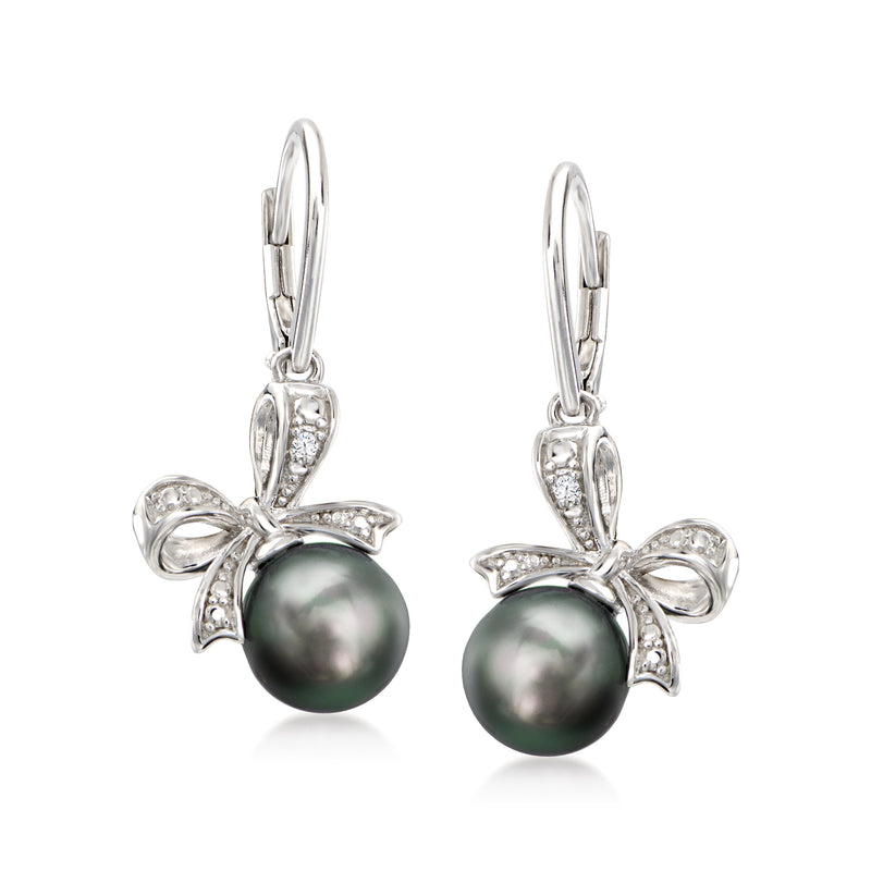 Sterling silver drop earrings with bow, black Tahitian pearl, and diamond accents, leverback