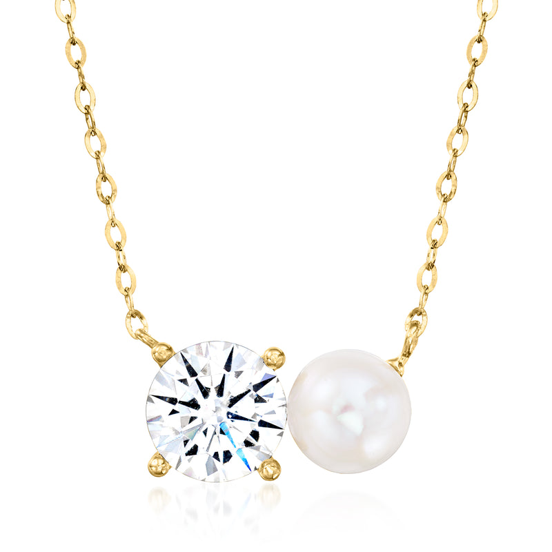 14kt yellow gold toi et moi necklace with round CZ and white cultured pearl