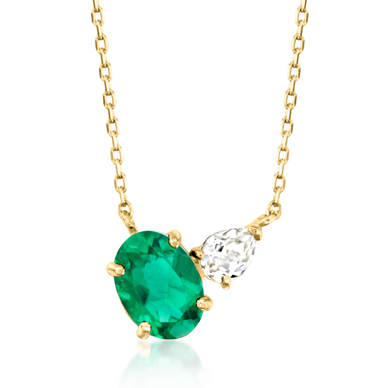 14kt yellow gold toi et moi necklace with green oval simulated emerald and clear sapphire