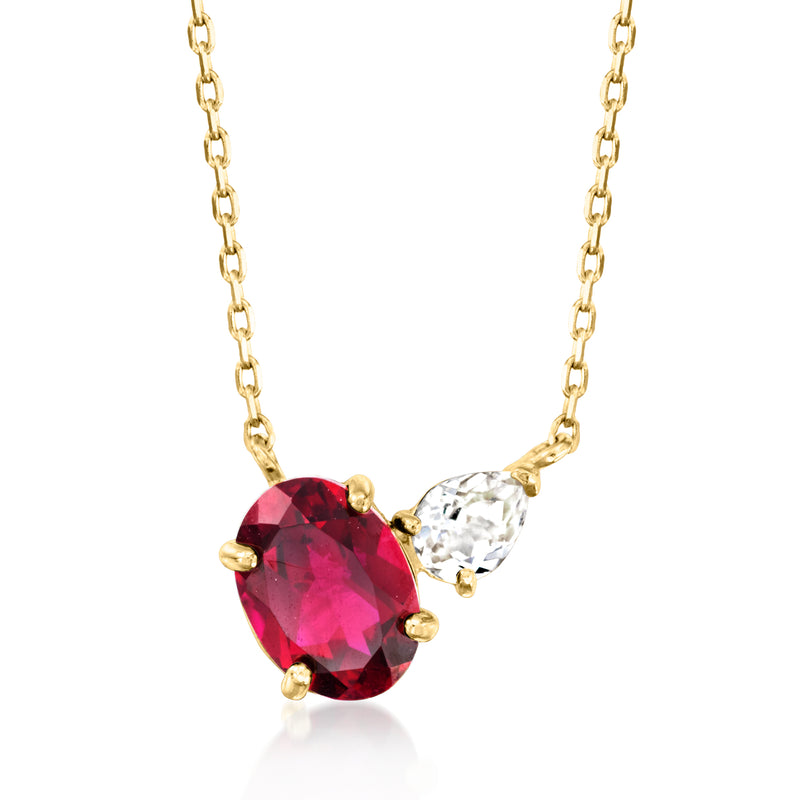 14kt yellow gold toi et moi necklace with oval red simulated ruby and oval white sapphire