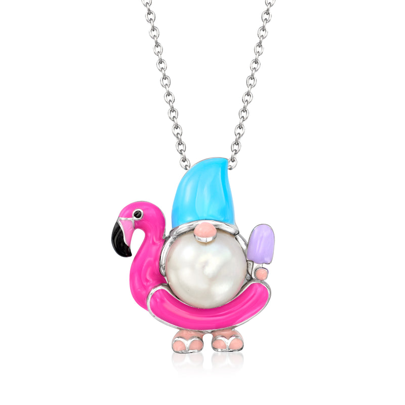 Sterling silver gnome pendant necklace with pink flamingo, blue float, pearl-like center