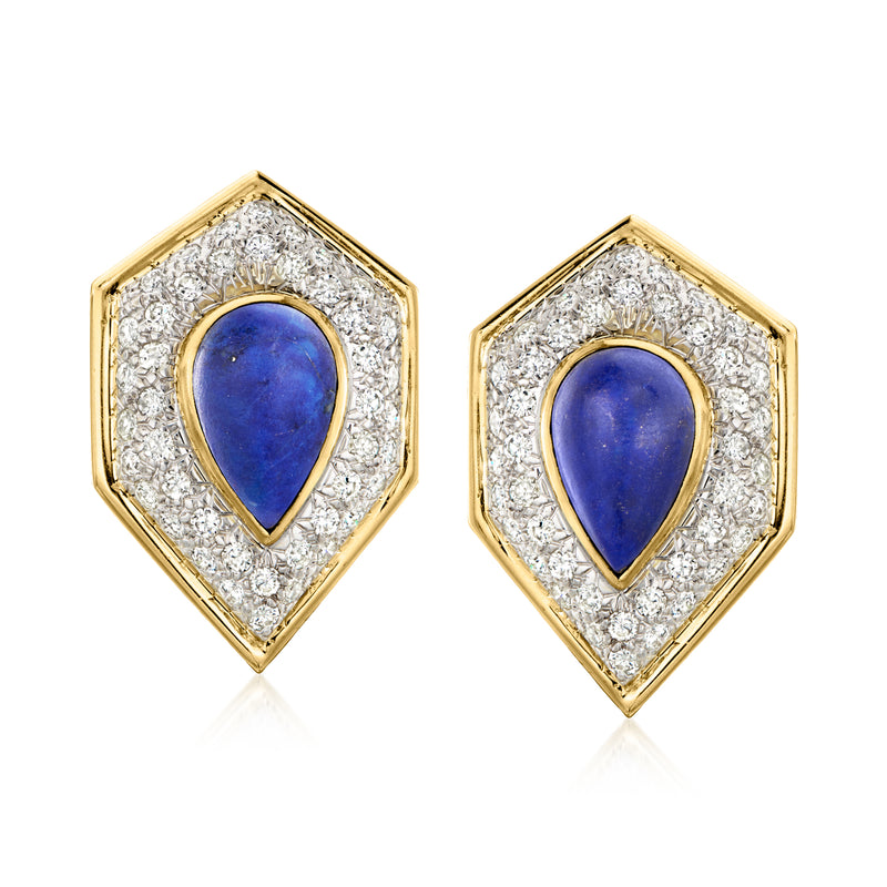 Yellow gold clip-on earrings with blue teardrop lapis and diamond halo